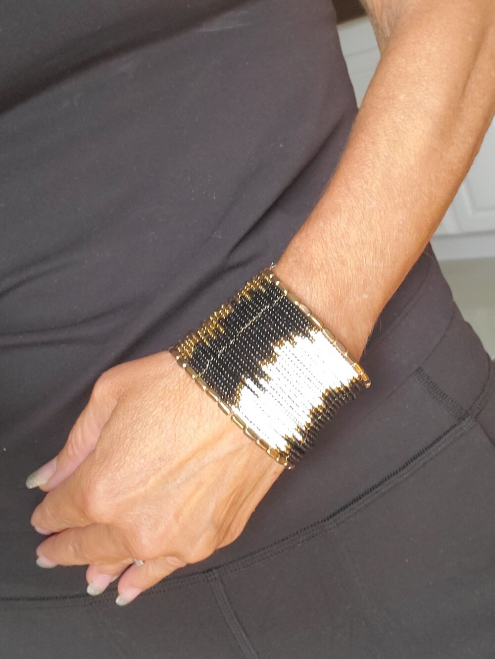 Handmade Seed Bead Cuff Chunky Bracelet Black, White & Gold